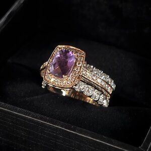 Le Vian Grape Amethyst Diamond Halo Ring Set 14K Strawberry Gold Sz 6.5
